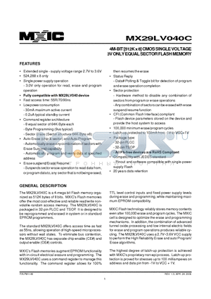 MX29LV040C datasheet - 4M-BIT [512K x 8] CMOS SINGLE VOLTAGE 3V ONLY EQUAL SECTOR FLASH MEMORY