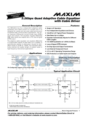 MAX3802UGK datasheet - 3.2Gbps Quad Adaptive Cable Equalizer with Cable Driver