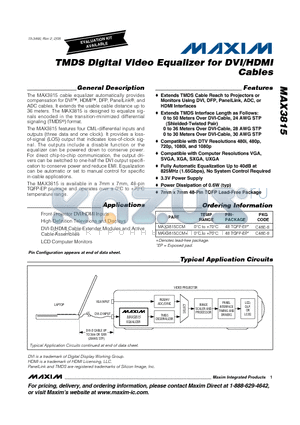 MAX3815 datasheet - TMDS Digital Video Equalizer for DVI/HDMI Cables
