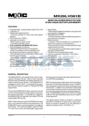 MX29LV065BTI-12G datasheet - 64M-BIT [8M x 8] CMOS EQUAL SECTOR FLASH MEMORY