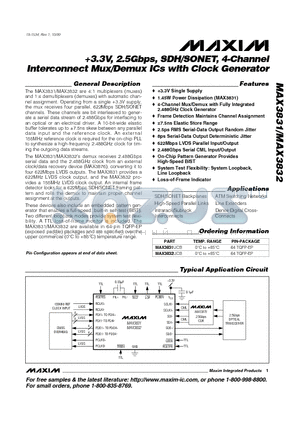 MAX3832UCB datasheet - 3.3V, 2.5Gbps, SDH/SONET, 4-Channel Interconnect Mux/Demux ICs with Clock Generator