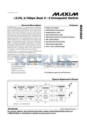 MAX3840 datasheet - 3.3V, 2.7Gbps Dual 2 . 2 Crosspoint Switch