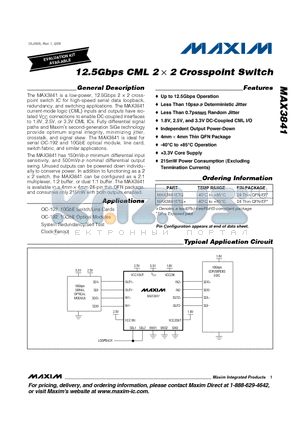 MAX3841ETG+ datasheet - 12.5Gbps CML 2  2 Crosspoint Switch