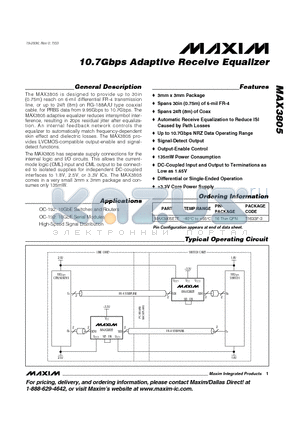 MAX3805ETE datasheet - 10.7Gbps Adaptive Receive Equalizer