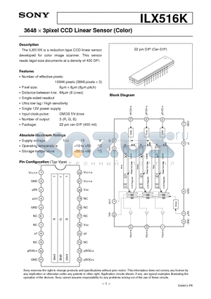 ILX516K datasheet - 3648 X 3pixel CCD Linear Sensor (Color)