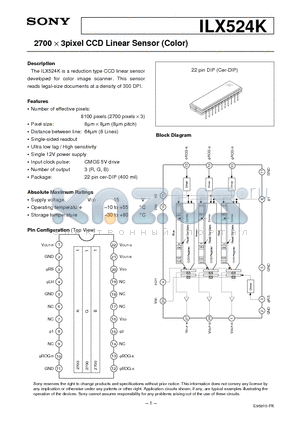 ILX524 datasheet - 2700 X 3pixel CCD Linear Sensor (Color)