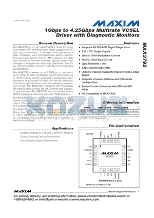 MAX3795ETG datasheet - 1Gbps to 4.25Gbps Multirate VCSEL Driver with Diagnostic Monitors