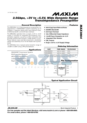 MAX3864E/D datasheet - 2.5Gbps, 3V to 5.5V, Wide Dynamic Range Transimpedance Preamplifier