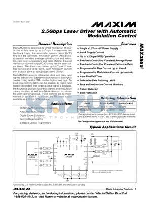 MAX3865EGJ datasheet - 2.5Gbps Laser Driver with Automatic Modulation Control