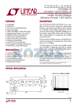 LTC2258IUJ-14-TRPBF datasheet - 14-Bit, 65/40/25Msps Ultralow Power 1.8V ADCs