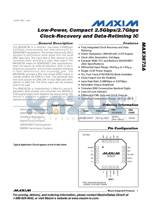 MAX3873A datasheet - Low-Power, Compact 2.5Gbps/2.7Gbps Clock-Recovery and Data-Retiming IC