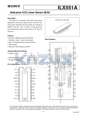 ILX551A datasheet - 2048-pixel CCD Linear Sensor (B/W)