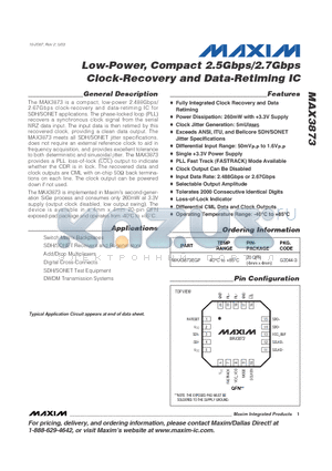 MAX3873EGP datasheet - Low-Power, Compact 2.5Gbps/2.7Gbps Clock-Recovery and Data-Retiming IC