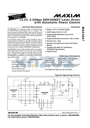MAX3867ECM datasheet - 3.3V, 2.5Gbps SDH/SONET Laser Driver with Automatic Power Control