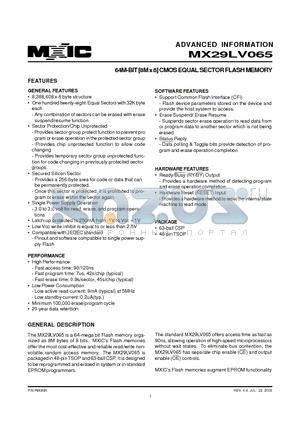 MX29LV065TI-12 datasheet - 64M-BIT [8M x 8] CMOS EQUAL SECTOR FLASH MEMORY