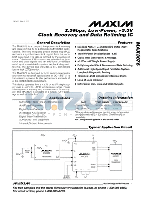 MAX3876 datasheet - 2.5Gbps, Low-Power, 3.3V Clock Recovery and Data Retiming IC