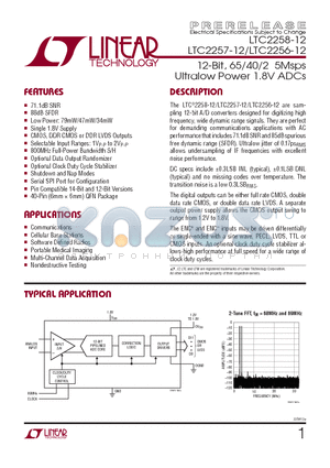 LTC2257UJ-12 datasheet - 12-Bit, 65/40/2 5Msps Ultralow Power 1.8V ADCs