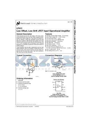 LF411ACN datasheet - Low Offset, Low Drift JFET Input Operational Amplifier