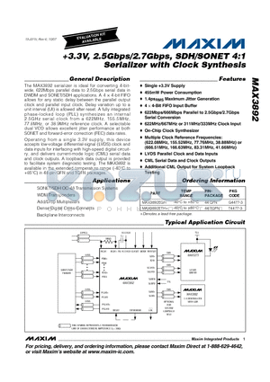 MAX3892EGH datasheet - 3.3V, 2.5Gbps/2.7Gbps, SDH/SONET 4:1 Serializer with Clock Synthesis