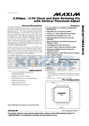 MAX3878EHJ datasheet - 2.5Gbps, 3.3V Clock and Data Retiming ICs with Vertical Threshold Adjust