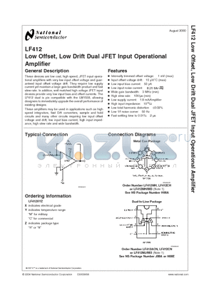 LF412ACN datasheet - Low Offset, Low Drift Dual JFET Input Operational Amplifier