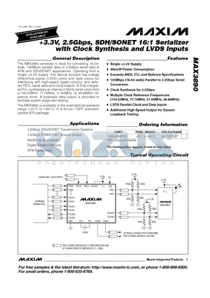 MAX3890 datasheet - 3.3V, 2.5Gbps, SDH/SONET 16:1 Serializer with Clock Synthesis and LVDS Inputs