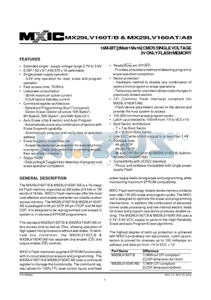 MX29LV160ABXBC-90 datasheet - 16M-BIT [2Mx8/1Mx16] CMOS SINGLE VOLTAGE 3V ONLY FLASH MEMORY