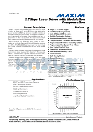 MAX3863 datasheet - 2.7Gbps Laser Driver with Modulation Compensation
