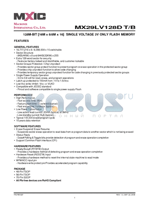 MX29LV128DBT2I-90Q datasheet - 128M-BIT [16M x 8/8M x 16] SINGLE VOLTAGE 3V ONLY FLASH MEMORY