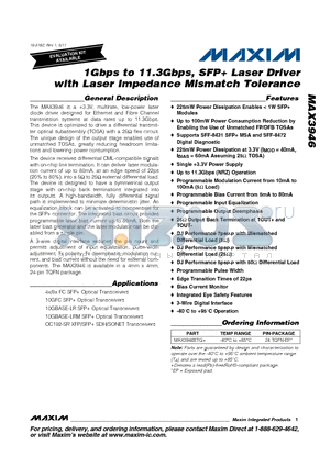 MAX3946 datasheet - 1Gbps to 11.3Gbps, SFP Laser Driver with Laser Impedance Mismatch Tolerance