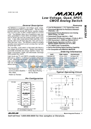 MAX394CPP datasheet - Low-Voltage, Quad, SPDT, CMOS Analog Switch