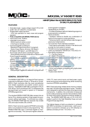 MX29LV160BBTC-70 datasheet - 16M-BIT [2Mx8/1Mx16] CMOS SINGLE VOLTAGE 3V ONLY FLASH MEMORY