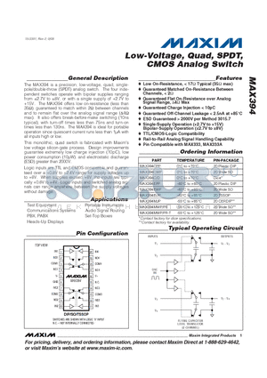 MAX394EPP datasheet - Low-Voltage, Quad, SPDT, CMOS Analog Switch