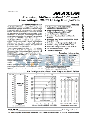MAX396 datasheet - Precision, 16-Channel/Dual 8-Channel, Low-Voltage, CMOS Analog Multiplexers