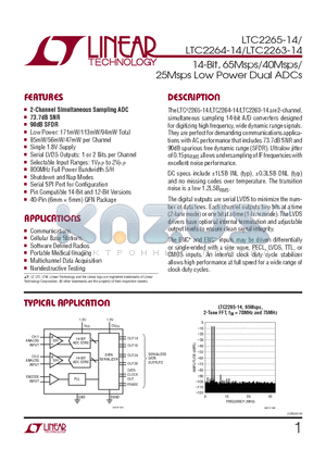 LTC2263IUJ-14TRPBF datasheet - 14-Bit, 65Msps/40Msps/25Msps Low Power Dual ADCs