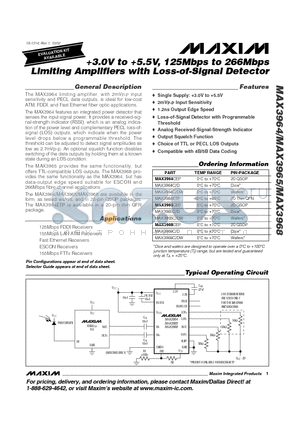 MAX3964 datasheet - 3.0V to 5.5V, 125Mbps to 266Mbps Limiting Amplifiers with Loss-of-Signal Detector