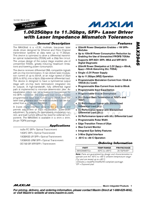 MAX3946ETG+ datasheet - 1.0625Gbps to 11.3Gbps, SFP Laser Driver with Laser Impedance Mismatch Tolerance