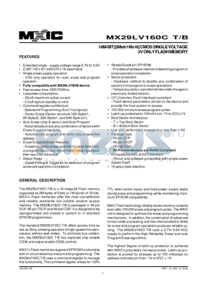 MX29LV160CB datasheet - 16M-BIT [2Mx8/1Mx16] CMOS SINGLE VOLTAGE 3V ONLY FLASH MEMORY