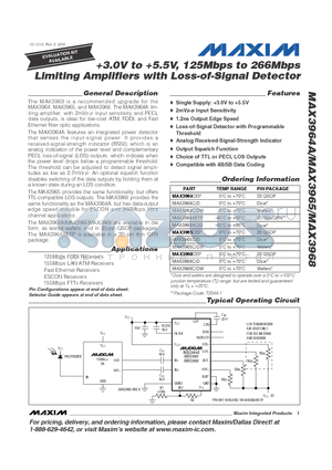 MAX3964ACD datasheet - 3.0V to 5.5V, 125Mbps to 266Mbps Limiting Amplifiers with Loss-of-Signal Detector