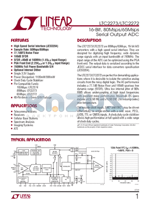 LTC2273CUJ-PBF datasheet - 16-Bit, 80Msps/65Msps Serial Output ADC