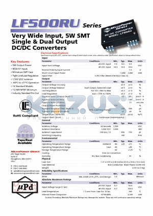 LF505RU datasheet - Very Wide Input, 5W SMT Single & Dual Output DC/DC Converters
