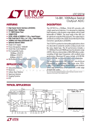 LTC2274IUJ-TR datasheet - 16-Bit, 105Msps Serial Output ADC