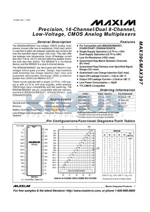 MAX397CPI datasheet - Precision, 16-Channel/Dual 8-Channel, Low-Voltage, CMOS Analog Multiplexers