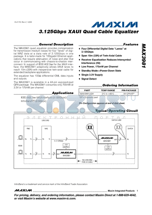 MAX3981 datasheet - 3.125Gbps XAUI Quad Cable Equalizer