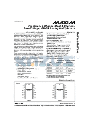 MAX398EPE datasheet - Precision, 8-Channel/Dual 4-Channel, Low-Voltage, CMOS Analog Multiplexers