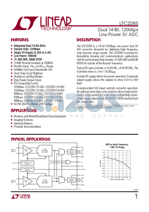 LTC2285IUP-PBF datasheet - Dual 14-Bit, 125Msps Low Power 3V ADC