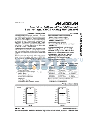 MAX398CPE datasheet - Precision, 8-Channel/Dual 4-Channel, Low-Voltage, CMOS Analog Multiplexers