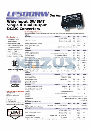 LF527RW datasheet - Wide Input, 5W SMT Single & Dual Output DC/DC Converters