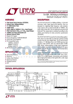 LTC2272CUJ-TR datasheet - 16-Bit, 80Msps/65Msps Serial Output ADC