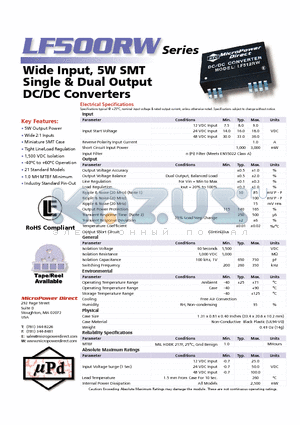 LF516RW datasheet - Wide Input, 5W SMT Single & Dual Output DC/DC Converters